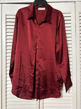 Jon & Anna Satin Button-Front Blouse — Burgundy